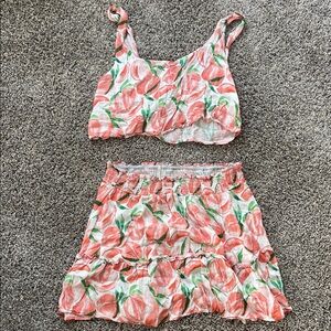 Anthropologie Peach Print Two-Piece Crop Top & Skirt Set
